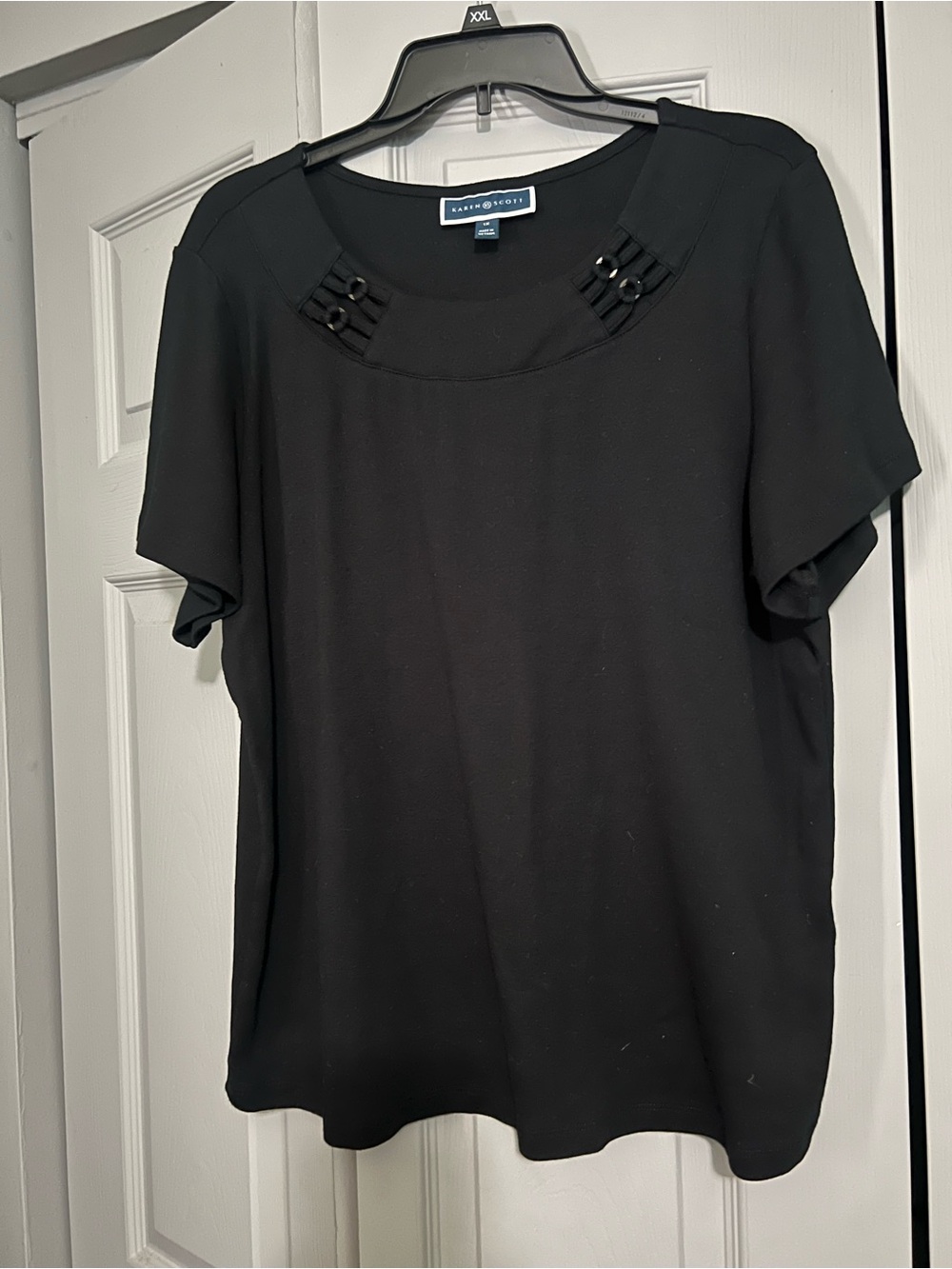 Karen Scott Black Short-Sleeve Top with Neckline Accents
